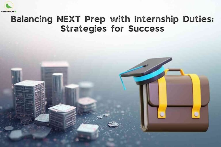 3D illustration of a medical graduate’s bag and cap symbolizing NExT preparation during internship, with a cityscape background representing the balance between study and hospital duties.