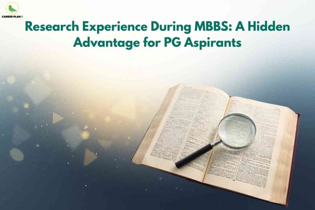 Open book with a magnifying glass placed on its pages, symbolizing research experience in MBBS and how it benefits PG aspirants.