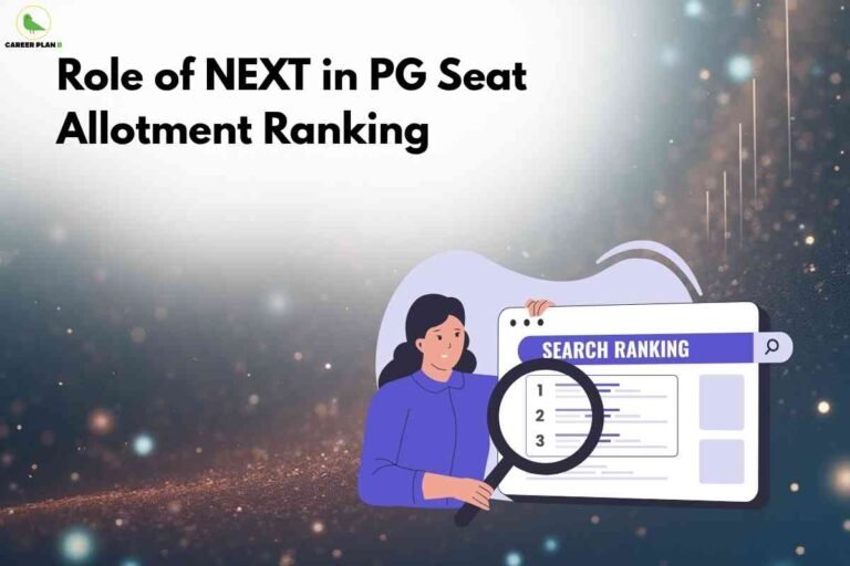 Illustration of a student examining a search results list with a magnifying glass, representing how NExT PG ranking influences seat allotment.