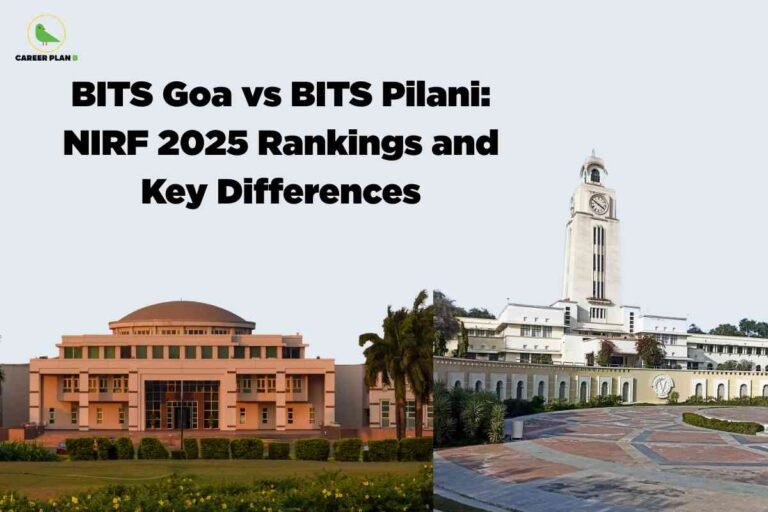 A side-by-side comparison image features the main academic buildings of two renowned Indian institutes. At the top left, the Career Plan B logo is visible with a green bird and the company name in black and green. Centered at the top, large bold black text reads: “BITS Goa vs BITS Pilani: NIRF 2025 Rankings and Key Differences.” The left half of the image shows the distinctive pinkish-beige, domed main building of BITS Goa, surrounded by landscaped bushes and lawns in the foreground. The right half displays the iconic clock tower and central building of BITS Pilani, a tall, off-white structure with a prominent clock at the top, in front of a spacious plaza with circular tile designs and neatly trimmed bushes. The background is a light grey, maintaining focus on the architectural landmarks, effectively illustrating a comparison between the two campuses for academic ranking and key differences in 2025.