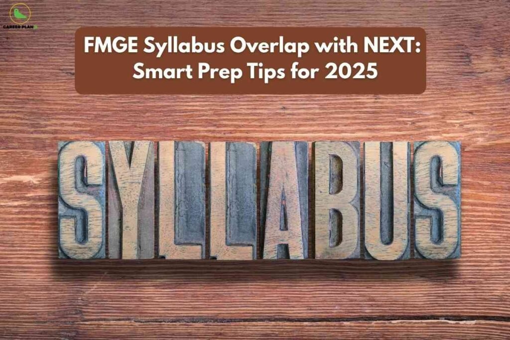 A rustic wooden background with a large block print of the word "SYLLABUS" in vintage wooden letters, and a brown headline box above reading "FMGE Syllabus Overlap with NEXT: Smart Prep Tips for 2025"; Career Plan B logo appears in the upper left.
