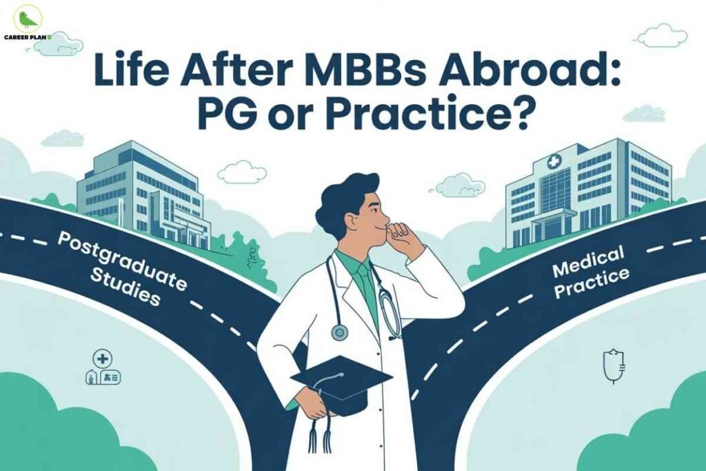 Illustration of a young doctor holding a graduation cap, standing at a crossroads with two diverging roads—one leading to a university labeled "Postgraduate Studies" and the other to a hospital labeled "Medical Practice"; title at the top reads "Life After MBBS Abroad: PG or Practice?" with the Career Plan B logo in the upper left.