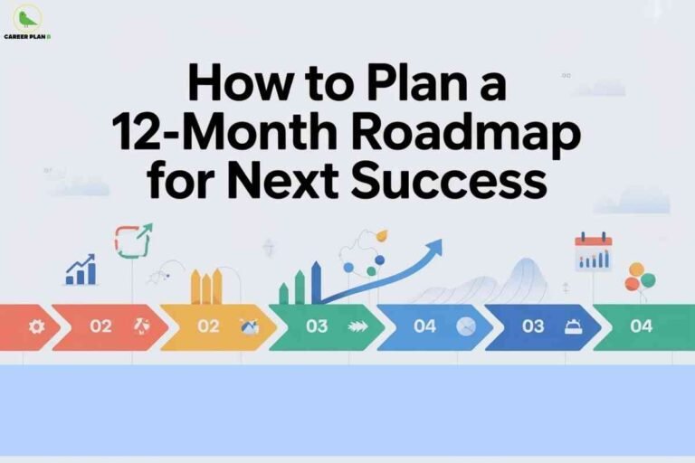 Minimal infographic road map showing colorful curved arrows and milestone icons, with bold black headline "How to Plan a 12-Month Roadmap for NEXT Success" at the top; Career Plan B logo in the upper left.
