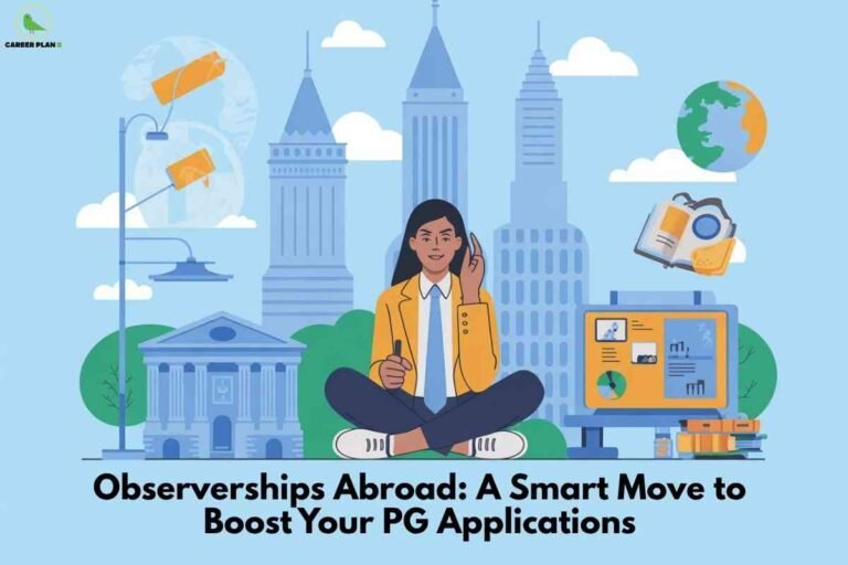 Illustration of a young professional woman sitting cross-legged with a pen and peace sign, surrounded by urban buildings, global icons, and a computer displaying charts; the bottom banner reads "Observerships Abroad: A Smart Move to Boost Your PG Applications" with the Career Plan B logo in the upper left.