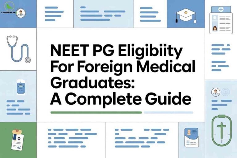 Infographic-style collage of medical icons—stethoscope, doctor profile, ID card, graduation cap, prescription bottle—arranged around bold black text in the center reading "NEET PG Eligibility For Foreign Medical Graduates: A Complete Guide," with the Career Plan B logo in the upper left.