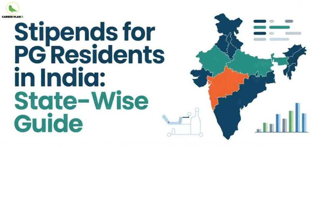 Infographic featuring a colored state-wise map of India, a hospital stretcher icon, vertical bar charts, and large teal and blue headline text reading "Stipends for PG Residents in India: State-Wise Guide," with the Career Plan B logo in the upper left.