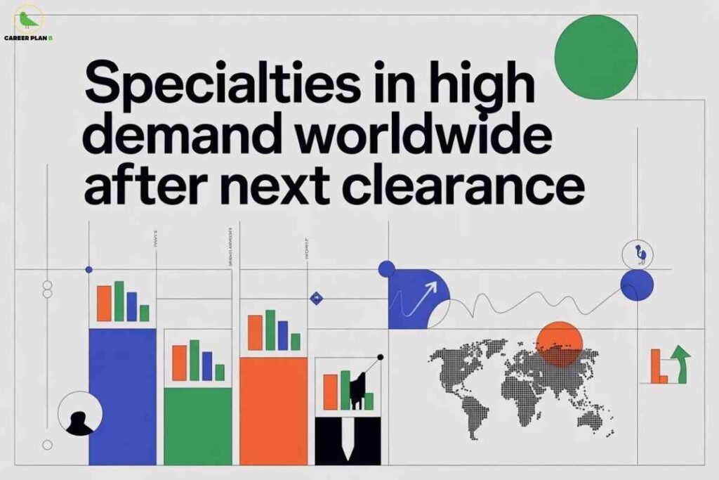 A modern infographic with bold black text reading "Specialties in high demand worldwide after next clearance," featuring colorful bar charts, a digital world map, statistical growth icons, and the Career Plan B logo in the upper left.