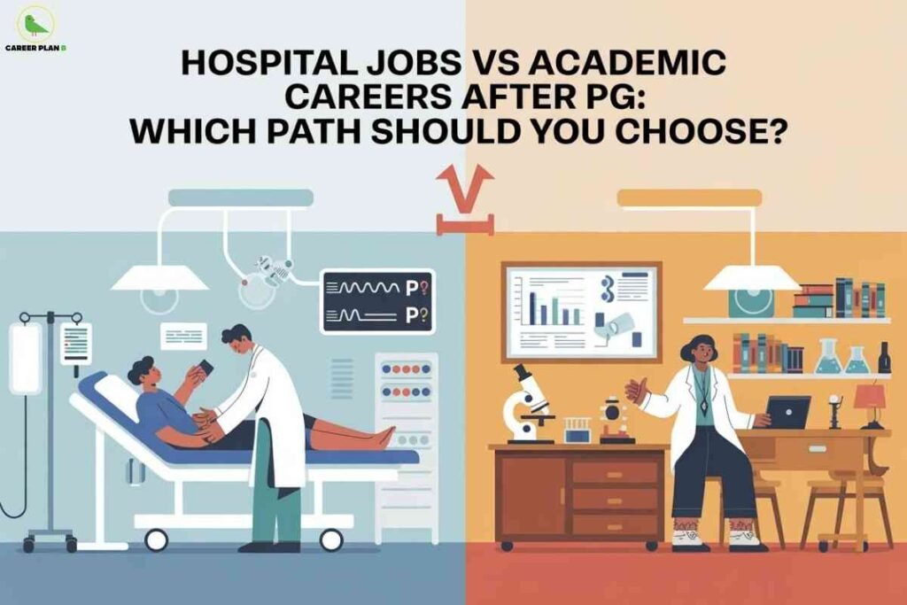 A split-screen illustration contrasting two career options after medical PG: on the left, a doctor attends to a patient in a hospital setting with monitors and IV lines; on the right, a doctor in a lab coat sits at a desk surrounded by books, a microscope, and research equipment in an academic/research environment; above, bold text reads "Hospital Jobs vs Academic Careers after PG: Which Path Should You Choose?" with the Career Plan B logo in the upper left.
