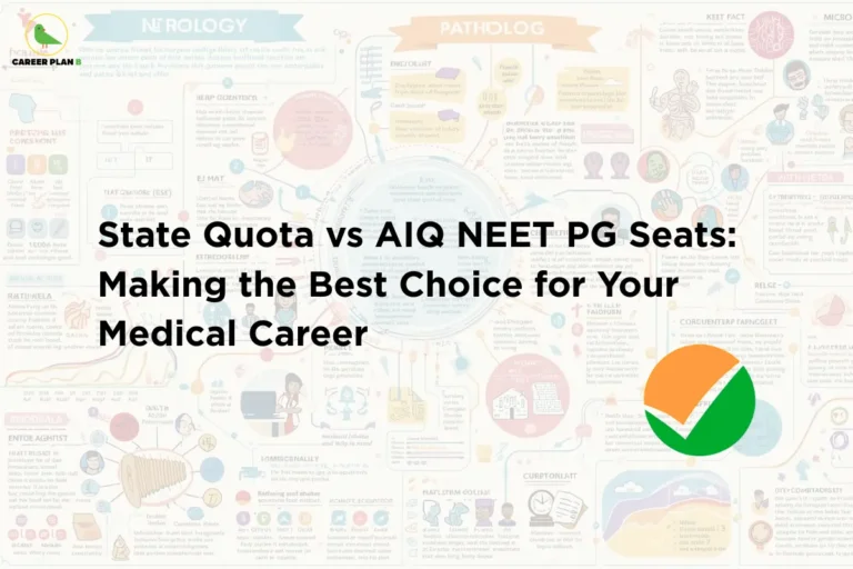 Educational infographic background with medical diagrams and the title “State Quota vs AIQ NEET PG Seats: Making the Best Choice for Your Medical Career,” explaining the difference between NEET PG AIQ vs State quota seats for postgraduate medical admissions.
