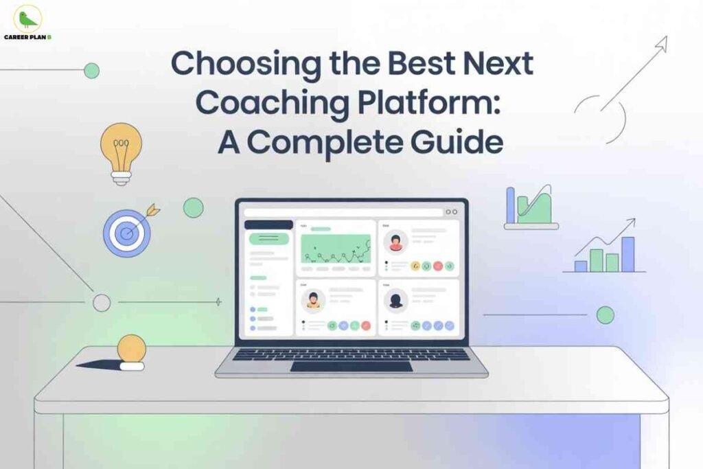 Minimal illustration of a laptop with an analytics dashboard and student profiles on screen, surrounded by icons for graphs, a lightbulb, a target, and rising charts; bold headline at the top reads "Choosing the Best Next Coaching Platform: A Complete Guide," with the Career Plan B logo in the upper left.