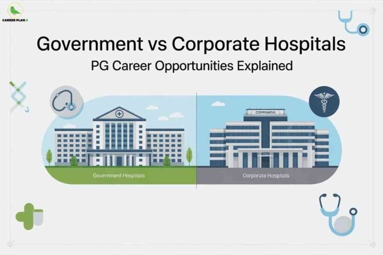 Side-by-side illustration of two large buildings, labeled "Government Hospitals" on the left and "Corporate Hospitals" on the right, with medical icons (stethoscope, caduceus) and greenery around; bold text at the top reads "Government vs Corporate Hospitals: PG Career Opportunities Explained," with the Career Plan B logo in the upper left.