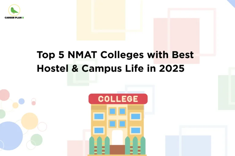 Illustration of a college campus building under the title “Top 5 NMAT Colleges with Best Hostel & Campus Life in 2025,” highlighting NMAT colleges hostel facilities and student accommodation options at leading MBA institutes accepting NMAT scores.