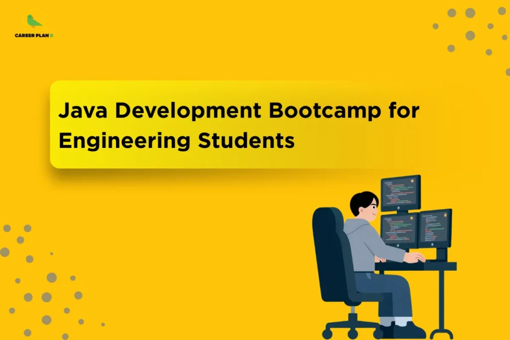 Illustration of a student coding on multiple computer screens under the title “Java Development Bootcamp for Engineering Students,” highlighting practical training and skill development in a Java Development Bootcamp for aspiring programmers and software engineers.