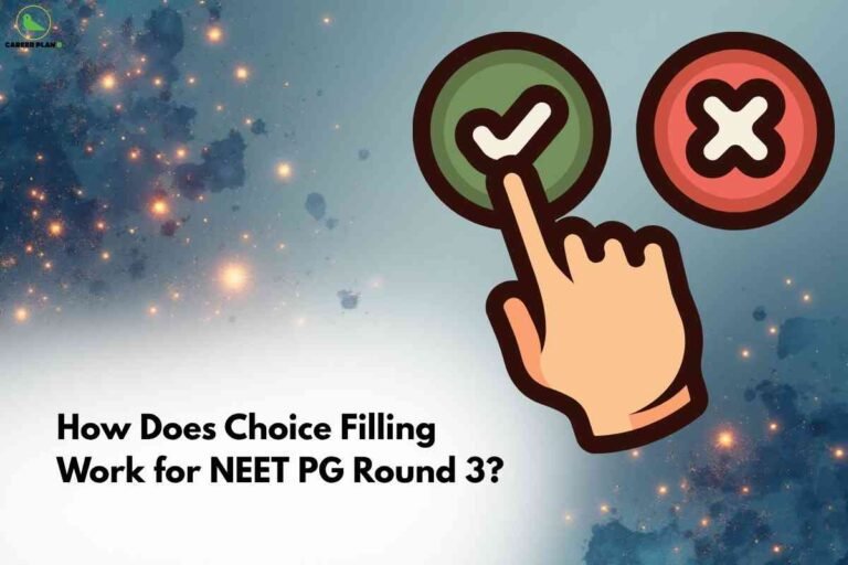 A cosmic-themed background with a large cartoon hand pointing to a green checkmark and avoiding a red cross; bold black text at the bottom left reads "How Does Choice Filling Work for NEET PG Round 3?" with the Career Plan B logo in the upper left.