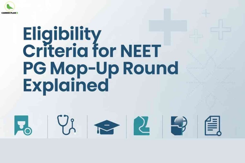Minimal infographic with large bold headline "Eligibility Criteria for NEET PG Mop-Up Round Explained," set against a light background with medical icons—including a stethoscope, graduation cap, ID, and document—lined up along the bottom, and the Career Plan B logo in the upper left.