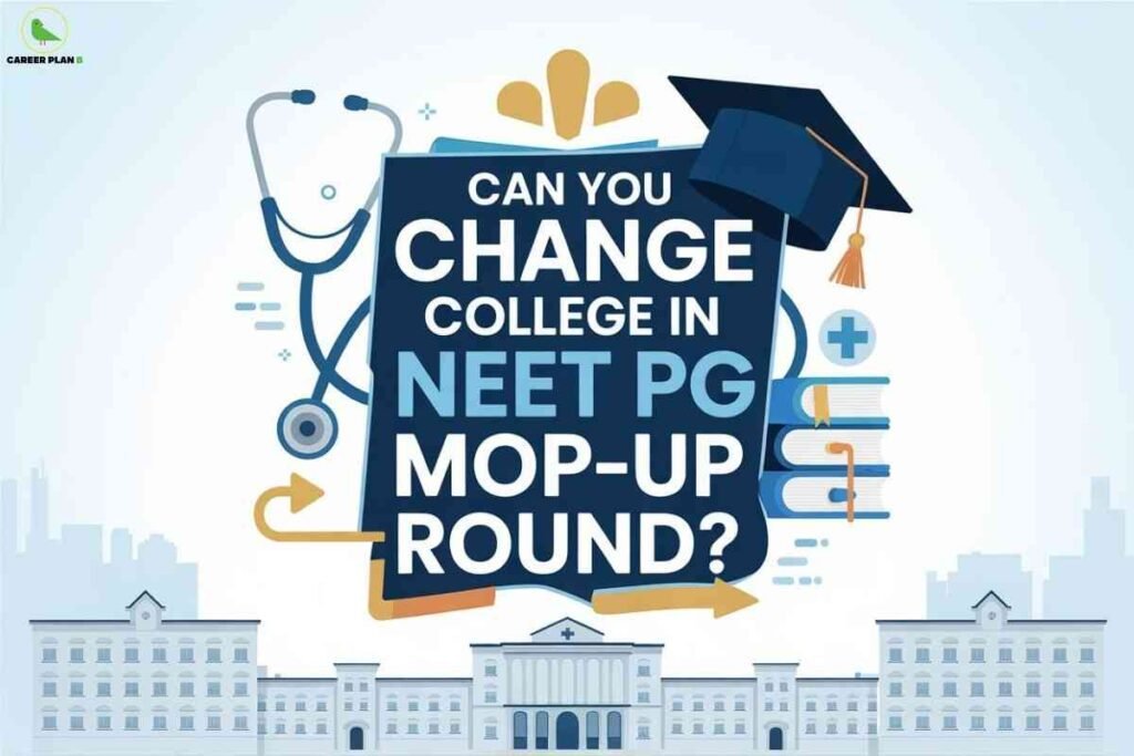 A graphic illustration showing medical symbols like a stethoscope, graduation cap, and books around a central board asking whether students can change college in the NEET PG mop-up round, representing guidance on change college NEET PG options.