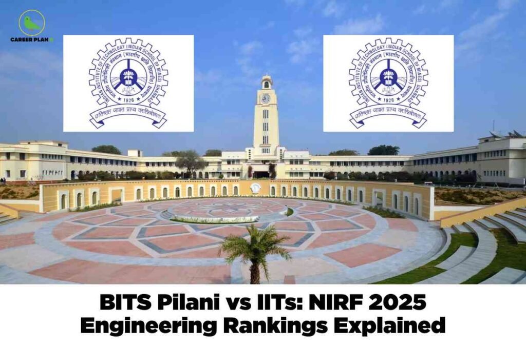 Wide view of the iconic BITS Pilani campus with central clock tower and amphitheater, flanked by two IIT logos in white boxes, visually representing BITS Pilani vs IITs NIRF 2025 engineering rankings comparison; Career Plan B logo at the top left.