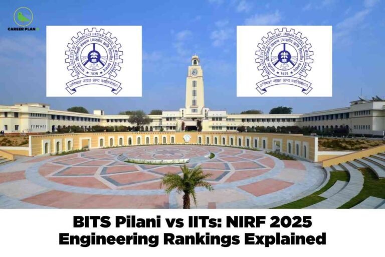 Wide view of the iconic BITS Pilani campus with central clock tower and amphitheater, flanked by two IIT logos in white boxes, visually representing BITS Pilani vs IITs NIRF 2025 engineering rankings comparison; Career Plan B logo at the top left.