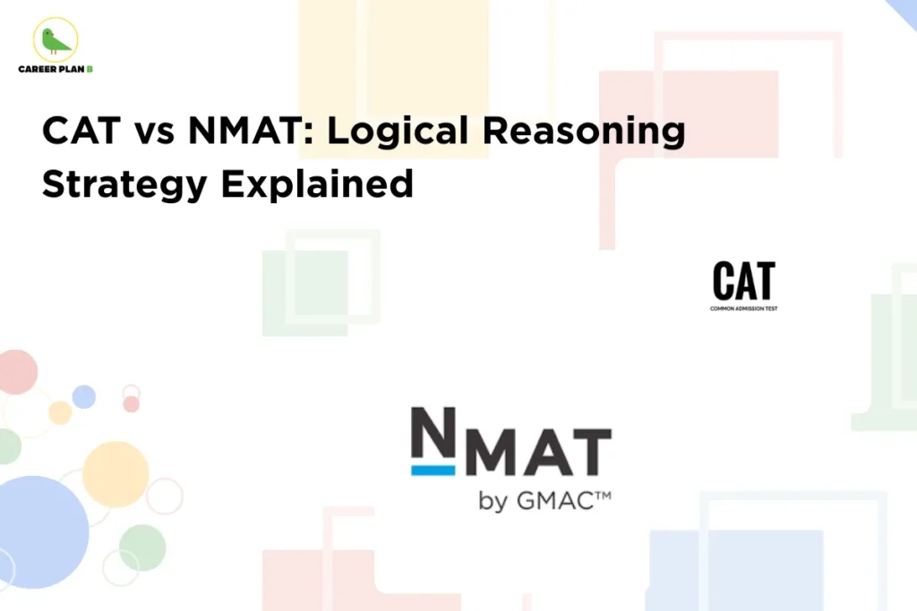 Minimalist banner featuring CAT and NMAT logos with the title “CAT vs NMAT: Logical Reasoning Strategy Explained,” highlighting key preparation techniques and differences in CAT vs NMAT reasoning for MBA entrance exam aspirants.