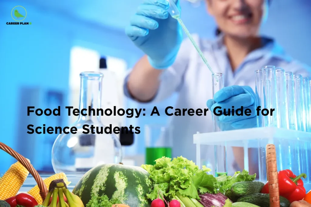 Scientist conducting experiments with a pipette and test tubes alongside fresh fruits and vegetables in a lab setting, representing opportunities and growth in a food technology career for science students exploring food science and processing industries.