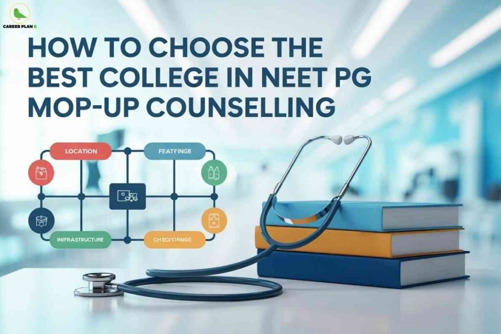A stethoscope placed beside stacked medical books with icons representing location, infrastructure, fees, and other factors, illustrating how to choose college mop-up in NEET PG counselling.