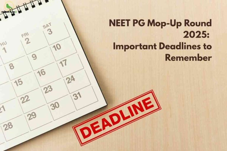 A calendar page with highlighted dates and a red “DEADLINE” stamp placed on a wooden surface, representing key NEET PG mop-up dates and important deadlines for 2025.
