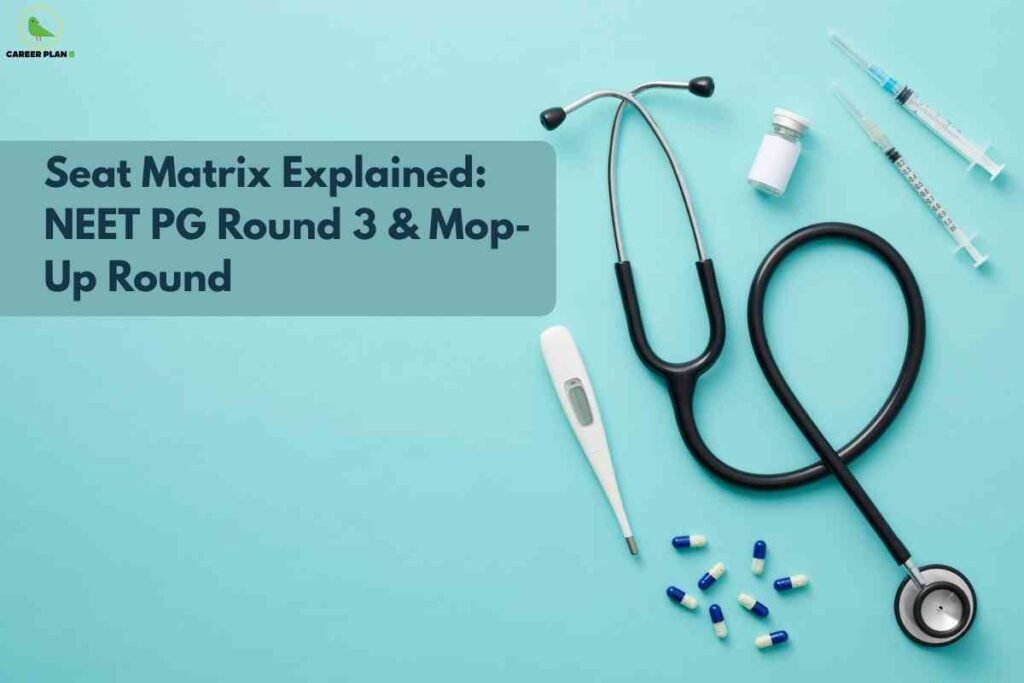 Medical items including a stethoscope, thermometer, syringes and capsules placed on a light blue background, illustrating the concept of NEET PG seat matrix explained for Round 3 and Mop-Up Round.