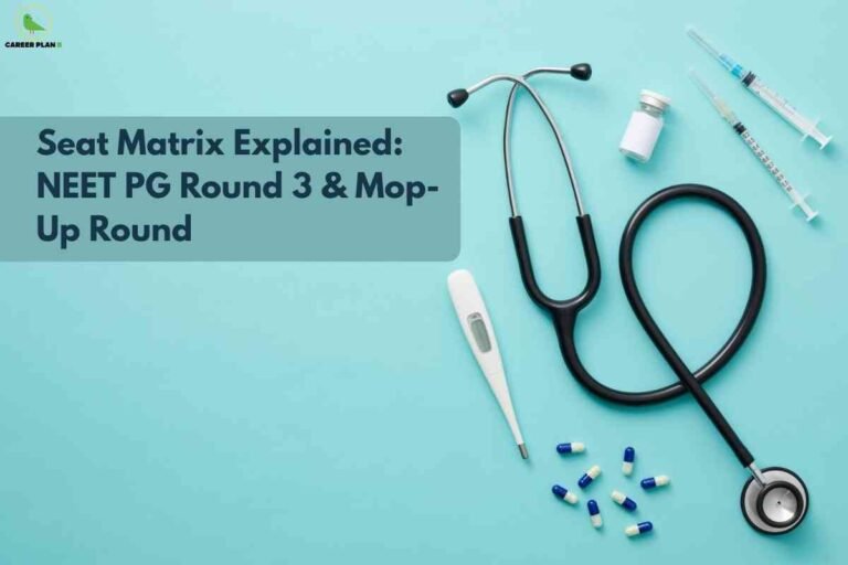 Medical items including a stethoscope, thermometer, syringes and capsules placed on a light blue background, illustrating the concept of NEET PG seat matrix explained for Round 3 and Mop-Up Round.