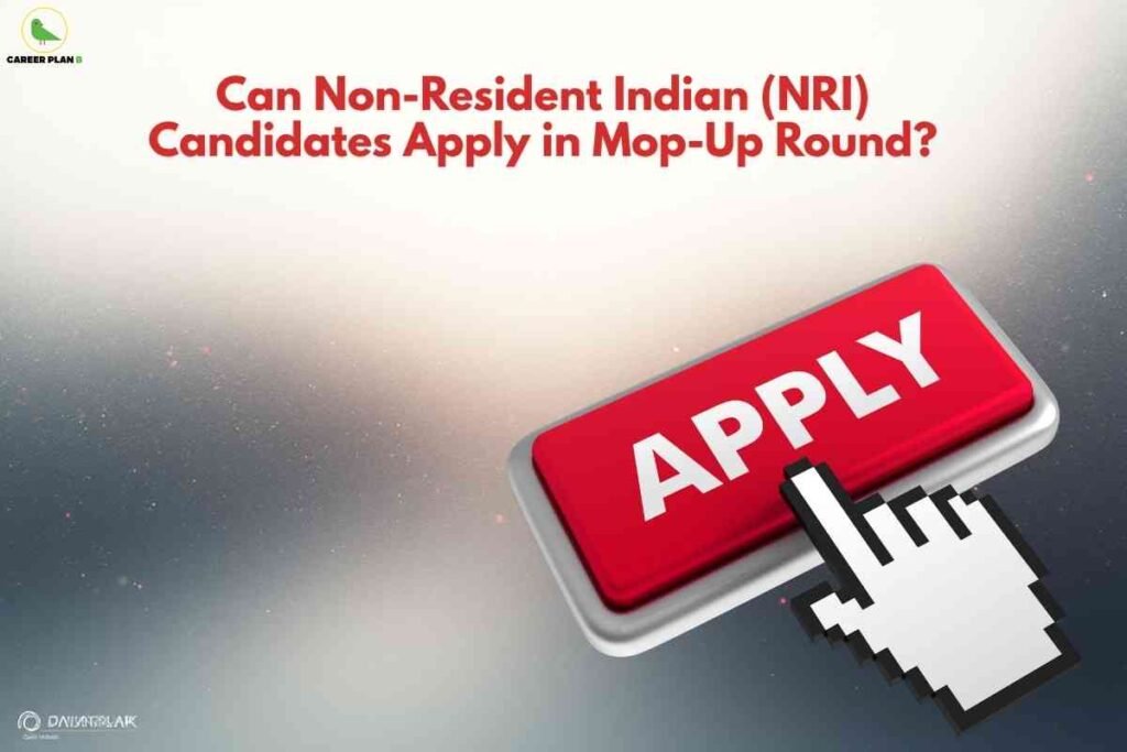 A large red “Apply” button with a pixelated hand cursor clicking on it, set against a soft gradient background, illustrating information about NRI mop-up eligibility for NEET PG counseling.