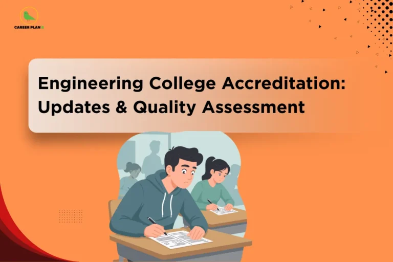 Illustration of students taking an exam in a classroom under the title “Engineering College Accreditation: Updates & Quality Assessment,” highlighting evaluation standards and processes in engineering college accreditation for academic quality and recognition.