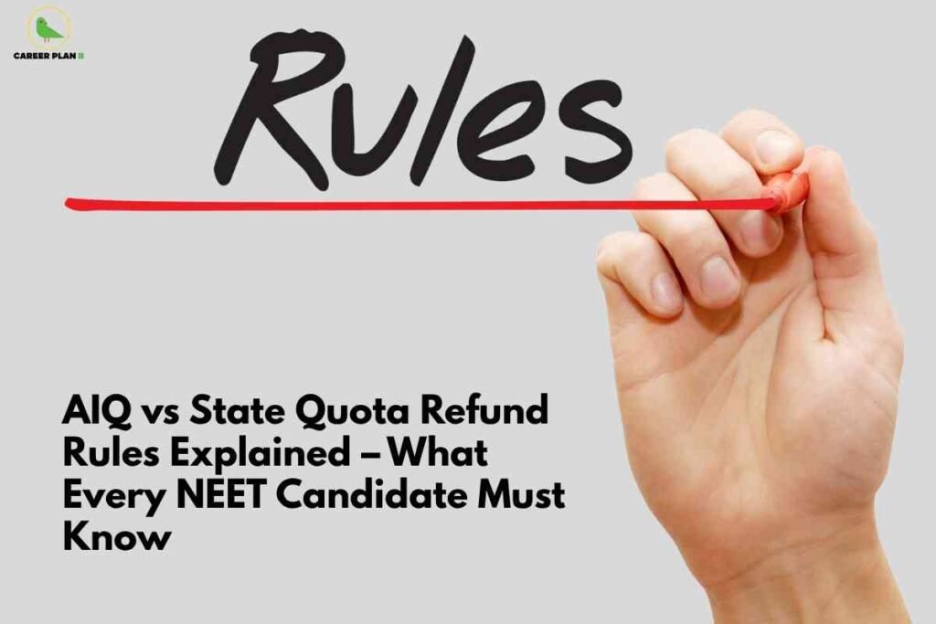 Wide banner-style graphic explaining NEET refund rules for different quotas. On a light grey background, the word “Rules” is written in large black handwritten-style text across the top, with a bold red horizontal line drawn underneath it by a hand holding a red marker on the right side, emphasizing the idea of underlining important regulations. In the lower left portion, black bold text reads “AIQ vs State Quota Refund Rules Explained – What Every NEET Candidate Must Know,” highlighting a comparison of refund rules between All India Quota and state quota seats. The Career Plan B logo with a small green bird appears in the top left corner.