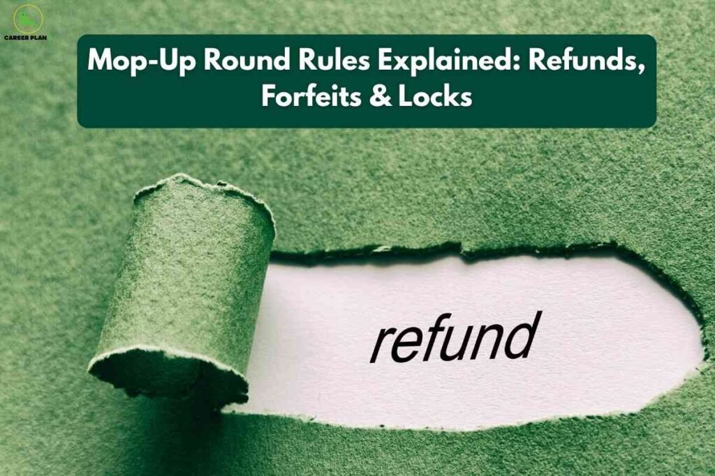 A close-up of green textured paper torn back to reveal the word "refund" on a white background underneath; bold banner at the top reads "Mop-Up Round Rules Explained: Refunds, Forfeits & Locks," with the Career Plan B logo in the upper left.