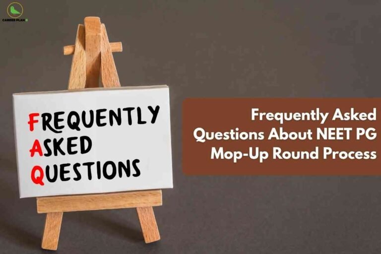 A mini wooden easel displays a whiteboard with "FAQ" in red and "Frequently Asked Questions" in black, set against a neutral brown background; a highlighted brown text box on the right reads "Frequently Asked Questions About NEET PG Mop-Up Round Process," with the Career Plan B logo in the upper left.