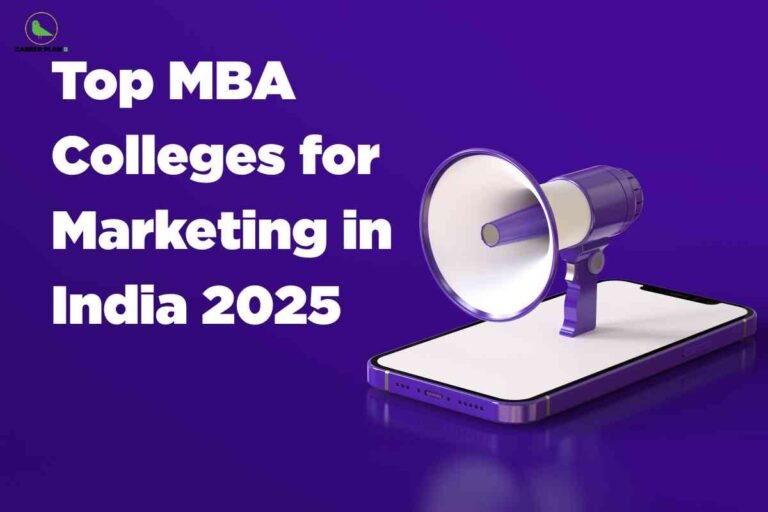 A vibrant purple-themed graphic shows a large purple and white megaphone placed on top of a modern smartphone, suggesting digital marketing and communication. The background is a solid purple color, enhancing the visual focus on the megaphone and phone. Large bold white text on the left reads: 'Top MBA Colleges for Marketing in India 2025.' The Career Plan B logo is displayed in the top-left corner. This image communicates information about MBA marketing colleges in India for the year 2025 and uses elements symbolizing outreach and digital promotion.