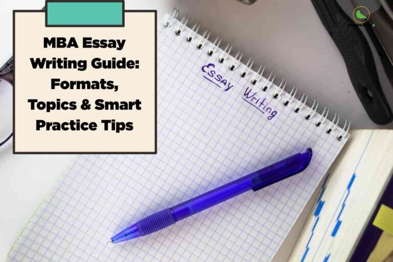 A top-down view of a squared notebook with blue grid lines, on which 'Essay Writing' is handwritten in blue ink. A blue pen is placed diagonally on the notebook, next to a pair of glasses, a book with blue highlights, and a tool with a black handle, suggesting a study or writing setup. On the left, a cream-colored box with a teal tab contains bold black text: 'MBA Essay Writing Guide: Formats, Topics & Smart Practice Tips.' The Career Plan B logo appears in the top-right corner. This scene represents guidance for MBA essay writing, featuring tools and organized workspace elements.