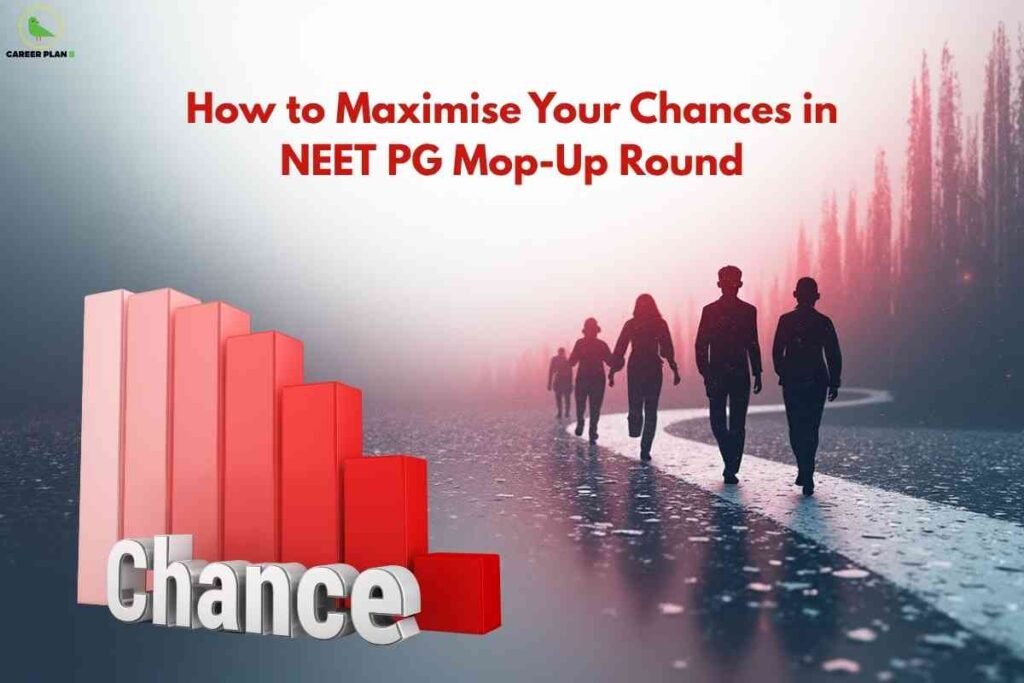 A group of medical aspirants walking on a bright pathway with rising bar graph showing improved chances, symbolizing NEET PG mop-up tips for maximizing final counselling success.