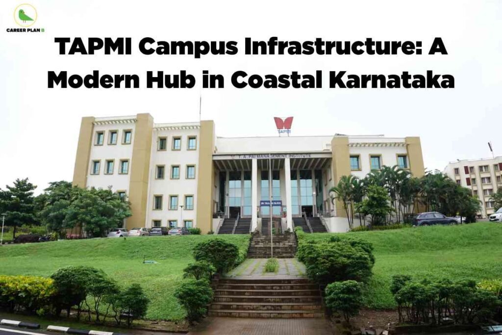 A wide-angle view of the main academic building at TAPMI (T.A. Pai Management Institute), featuring a symmetrical structure with cream and beige tones, large glass windows, and an entrance with multiple pillars. The building sits atop a small hill, accessible by a central staircase, and is surrounded by well-maintained lawns, shrubs, and parking area. Above, bold black text reads: 'TAPMI Campus Infrastructure: A Modern Hub in Coastal Karnataka.' The Career Plan B logo is in the top-left corner. The image highlights TAPMI's contemporary campus facilities and setting in coastal Karnataka.