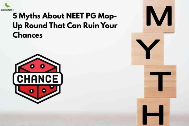 Graphic showing the word “MYTH” stacked on wooden blocks with a red chance icon, representing NEET PG mop-up myths that mislead aspirants during counselling.