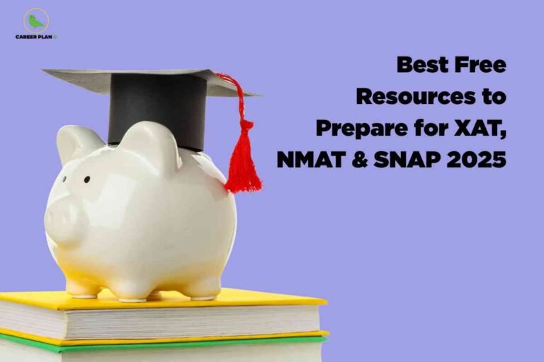 A pale purple background shows a white piggy bank wearing a black graduation cap with a red tassel, placed on top of two stacked yellow and green books. On the right, bold black text reads: 'Best Free Resources to Prepare for XAT, NMAT & SNAP 2025.' The Career Plan B logo is visible in the top-left corner. The image represents affordable education and exam preparation using free resources.