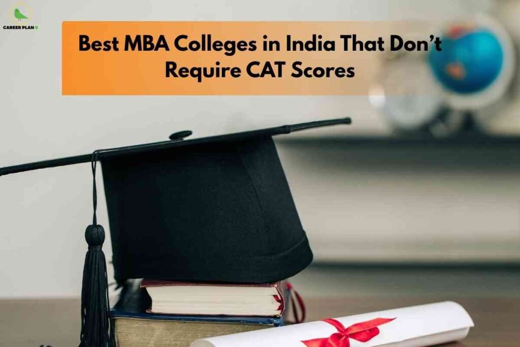 Graduation cap, books, and diploma on a desk representing MBA without CAT India options, highlighting top colleges that offer admission without CAT scores.