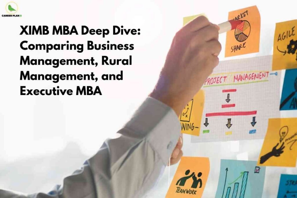 Person analyzing charts and sticky notes related to project management and teamwork, illustrating a comparison of XIMB MBA programs including Business Management, Rural Management, and Executive MBA.