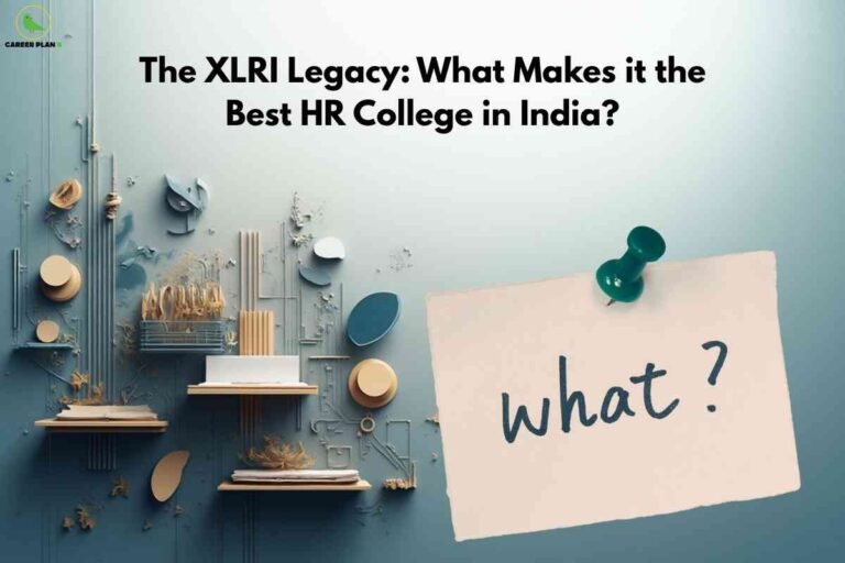 A creative modern art wall featuring books, abstract shapes, and minimalist shelves on a pastel blue background, with a large paper pinned in the foreground that says "what?" The headline above reads "The XLRI Legacy: What Makes it the Best HR College in India?" and the Career Plan B logo is in the upper left.