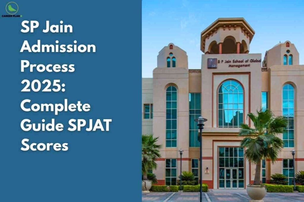 A photo of the SP Jain School of Global Management's modern tan building with arched windows and palm trees, set against a blue sky. On the left, a large blue banner reads "SP Jain Admission Process 2025: Complete Guide SPJAT Scores," with the Career Plan B logo in the top left.