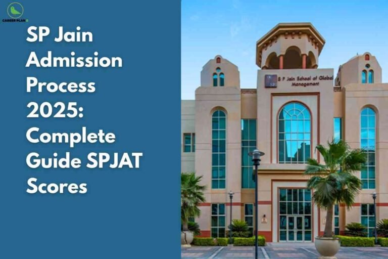 A photo of the SP Jain School of Global Management's modern tan building with arched windows and palm trees, set against a blue sky. On the left, a large blue banner reads "SP Jain Admission Process 2025: Complete Guide SPJAT Scores," with the Career Plan B logo in the top left.