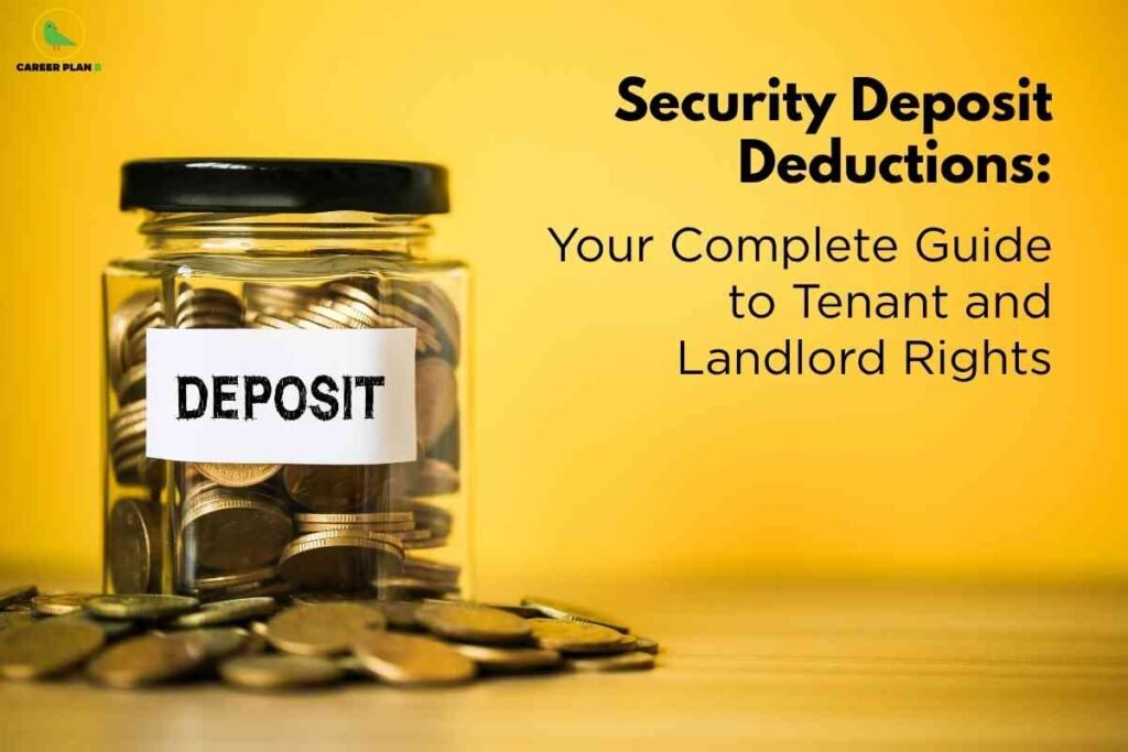 Banner image with a bright yellow background showing a clear glass jar filled with stacked gold coins, labeled ‘DEPOSIT’ on a white tag, placed on a surface scattered with more coins; on the right side bold black text reads ‘Security Deposit Deductions: Your Complete Guide to Tenant and Landlord Rights,’ and the Career Plan B logo appears in the top left corner.