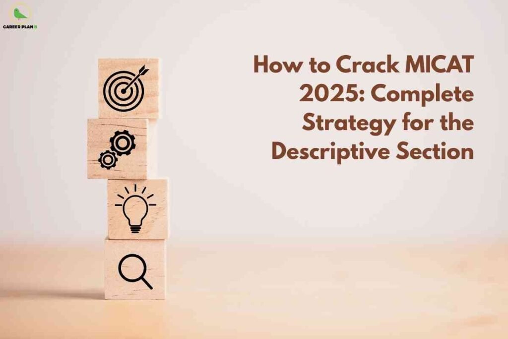 Four stacked wooden blocks on a minimalist cream background, each displaying icons: a target, gears, a lightbulb, and a magnifying glass; on the right, the headline reads "How to Crack MICAT 2025: Complete Strategy for the Descriptive Section," and the Career Plan B logo appears in the upper left.