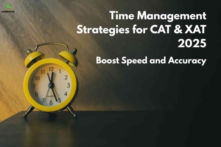 A yellow analog alarm clock showing 11:55 sits on a dark wooden surface with a softly lit brown background. The headline at the top right reads "Time Management Strategies for CAT & XAT 2025 – Boost Speed and Accuracy," with the Career Plan B logo in the upper left.