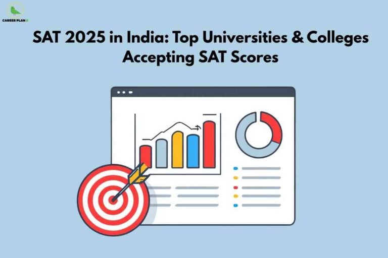 On a light blue background, a headline reads "SAT 2025 in India: Top Universities & Colleges Accepting SAT Scores." Below, there is an illustration of a web browser window showing colorful data charts, graphs, and a pie chart, with a red target and dart symbol in the lower left. The Career Plan B logo is in the upper left corner.