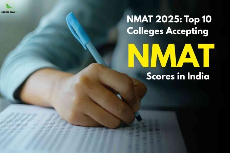 A close-up view of a student's hand using a blue pen to fill out an OMR sheet during an entrance exam. The text overlay reads "NMAT 2025: Top 10 Colleges Accepting NMAT Scores in India" in bold white and yellow letters, with the Career Plan B logo in the upper left corner.