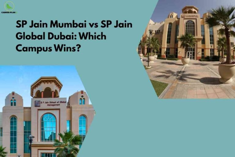 A split image showcasing SP Jain School of Global Management campuses, with a blue-green background. The left side shows a close-up of the main entrance with arched windows and palm trees, while the right features a wider campus view with large windows and potted palms. The headline reads "SP Jain Mumbai vs SP Jain Global Dubai: Which Campus Wins?" and the Career Plan B logo is in the top left.